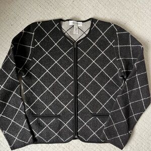 Jones New York Merino Wool Sweater Small Zip Front Argyle Knit Pockets